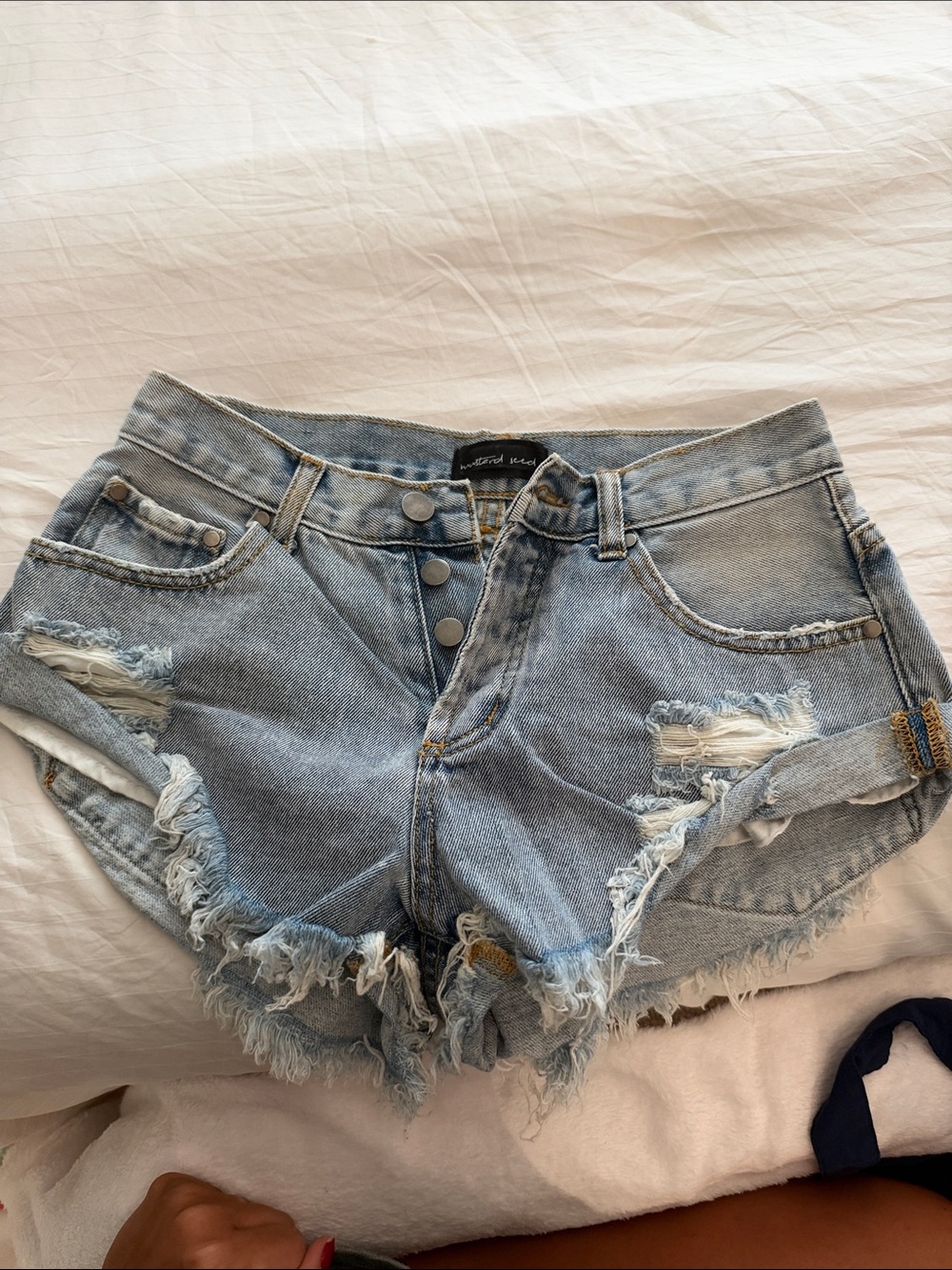 Mustard Seed Light Blue Distressed Denim Button-Fly Shorts